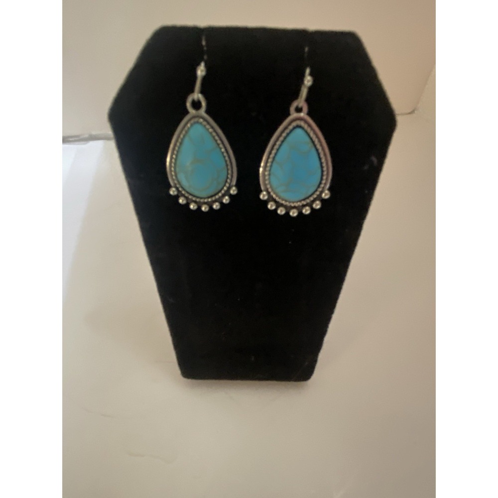 Teardrop Simulated Turqoise Cabochon Silver Tone Earrings